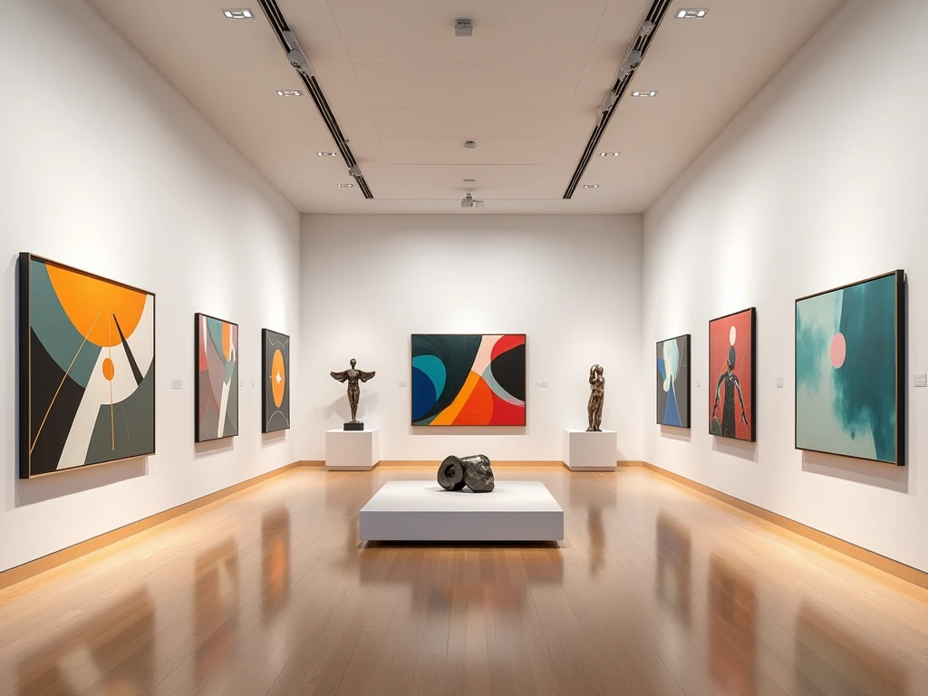 Art gallery interior with modern paintings and sculptures